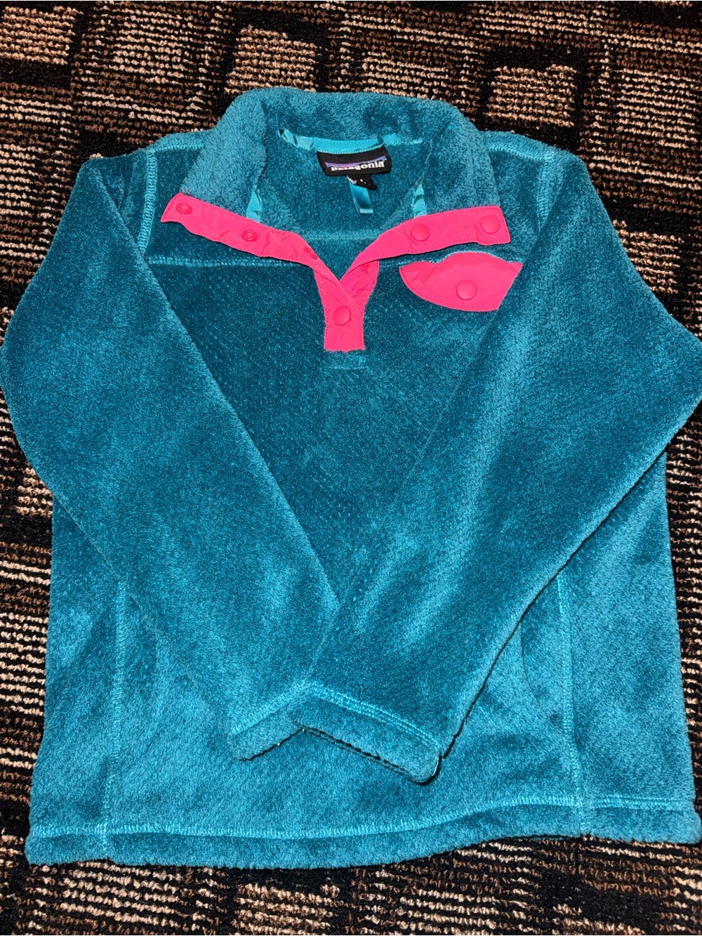 Patagonia Teal Fleece Pullover with Hot Pink Snap Placket